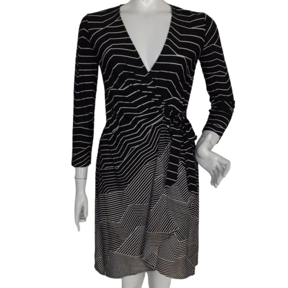 BCBGMAXAZRIA Wrap Dress, S, Adele/Chevron Print, Black/White, Long sleeves